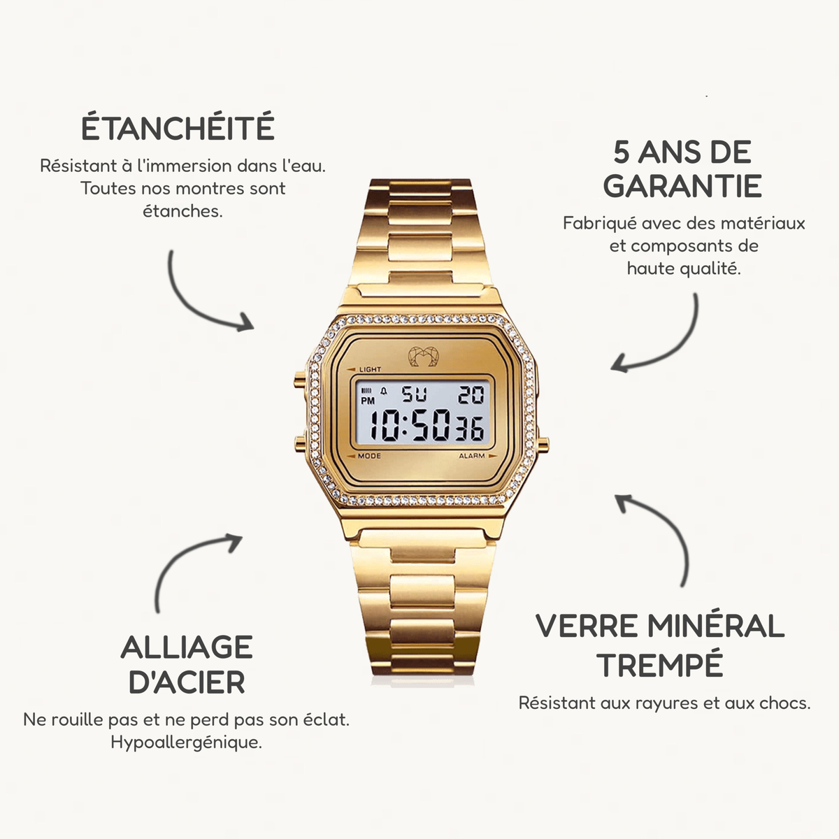 Montre Digitale Vintage Brillant ~ Or