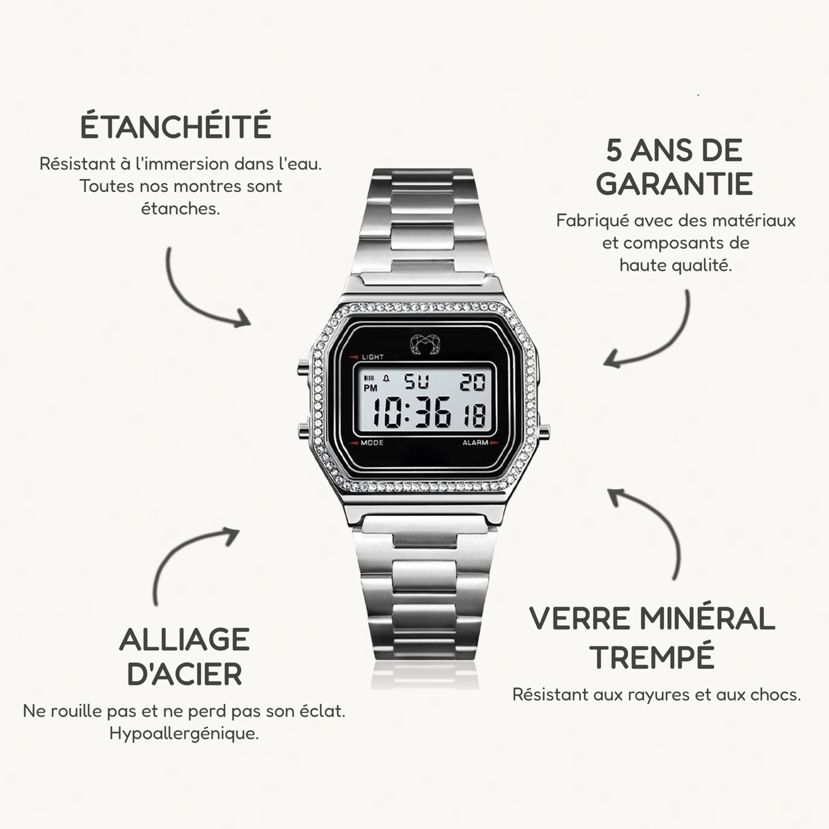 Montre Digitale Vintage Brillant ~ Argent