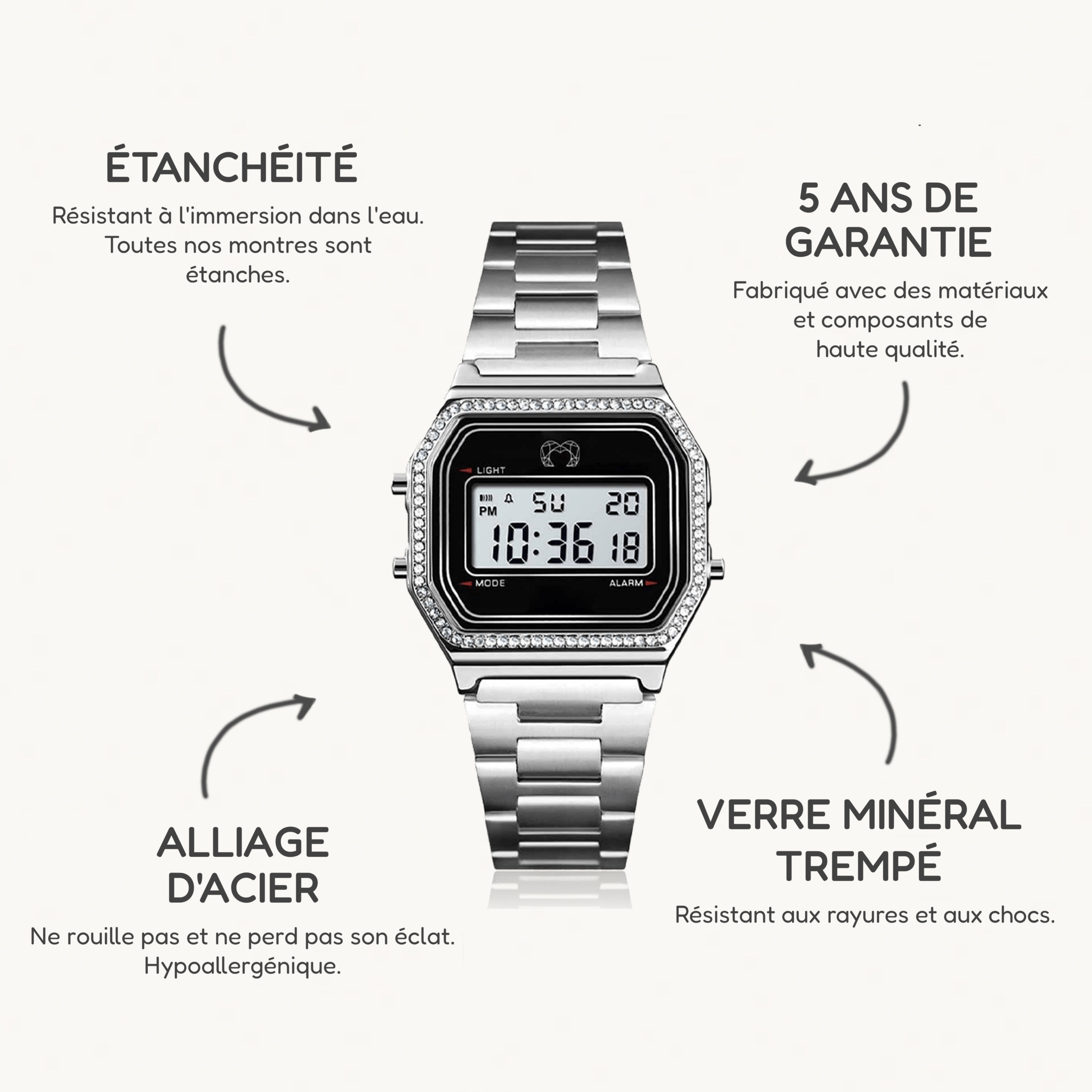Montre Digitale Vintage Brillant ~ Argent