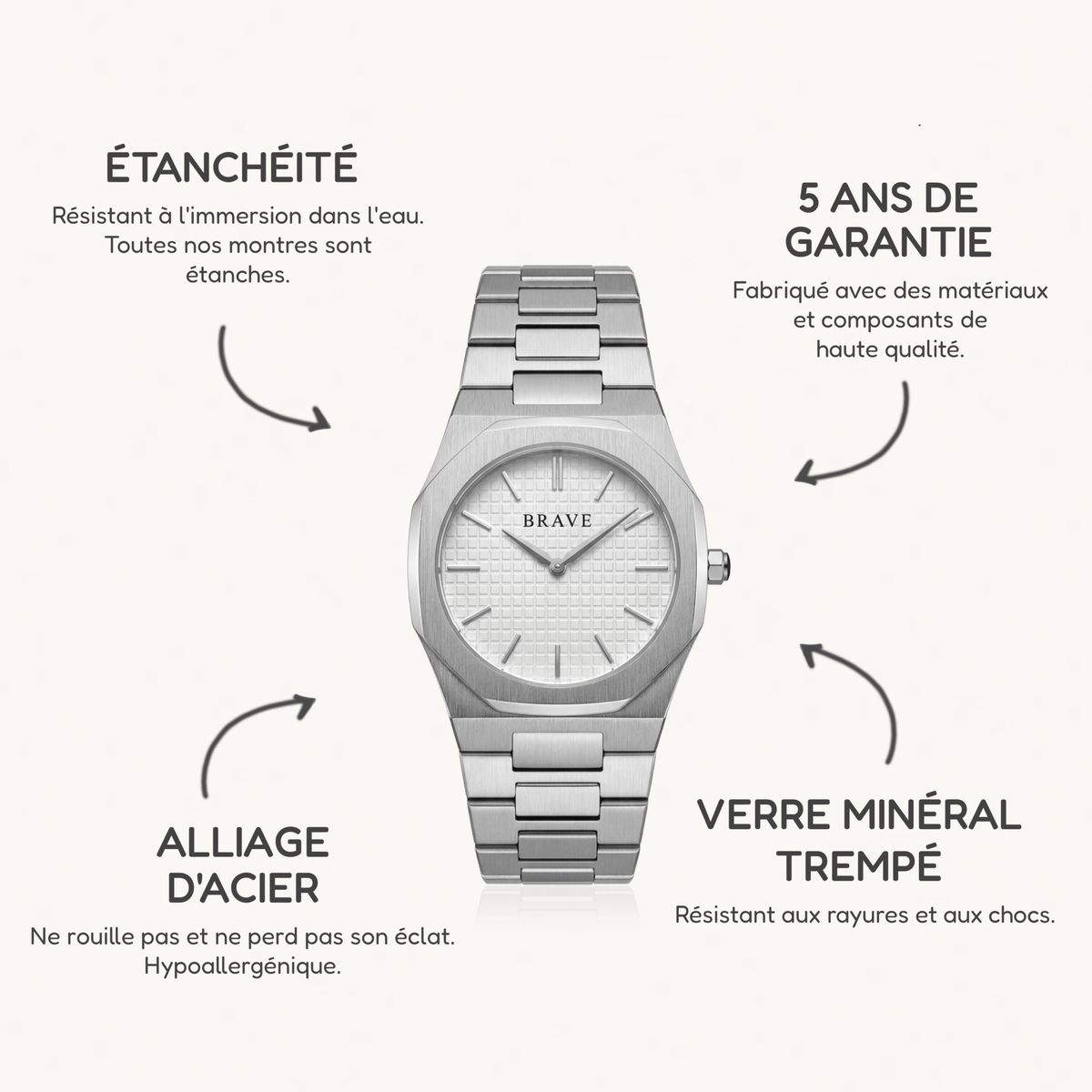 Montre BRAVE Empire ~ Argent-Blanc
